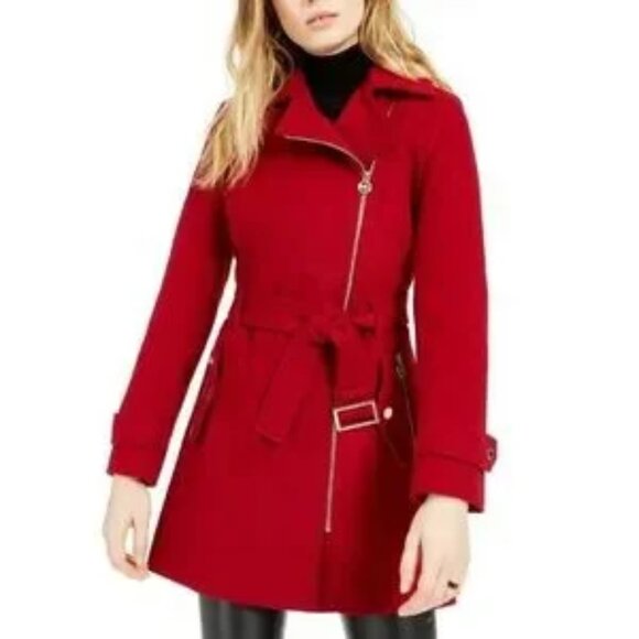 Michael Kors Women's Asymmetrical Belted Wool Blend 3/4 Coat Size PL Red . - Picture 1 of 12